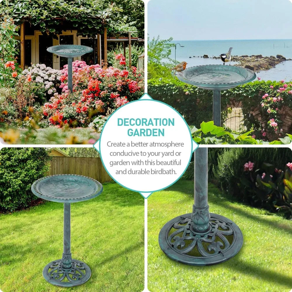 28 Inch Polyresin Antique Garden Bird Bath, Vintage Yard Art