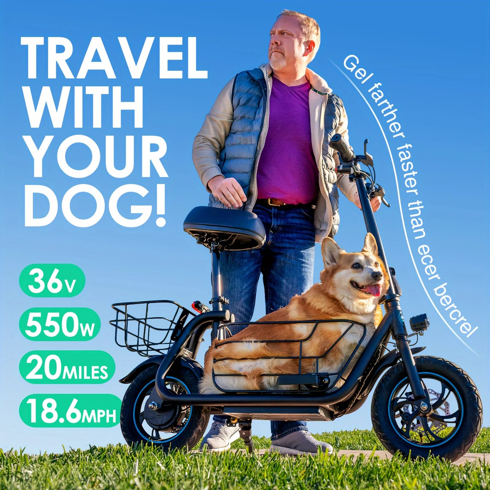 Electric Scooter with Basket for Pet, Foldable w/3 Riding Modes - 20 Miles 18.6 MPH