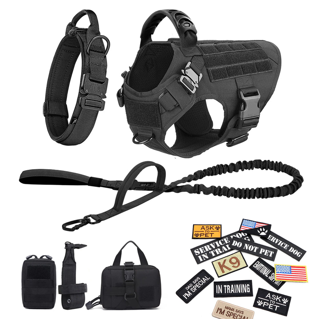 Military Large Dog Harness/Collar/Leash with a Bag of Patches Set