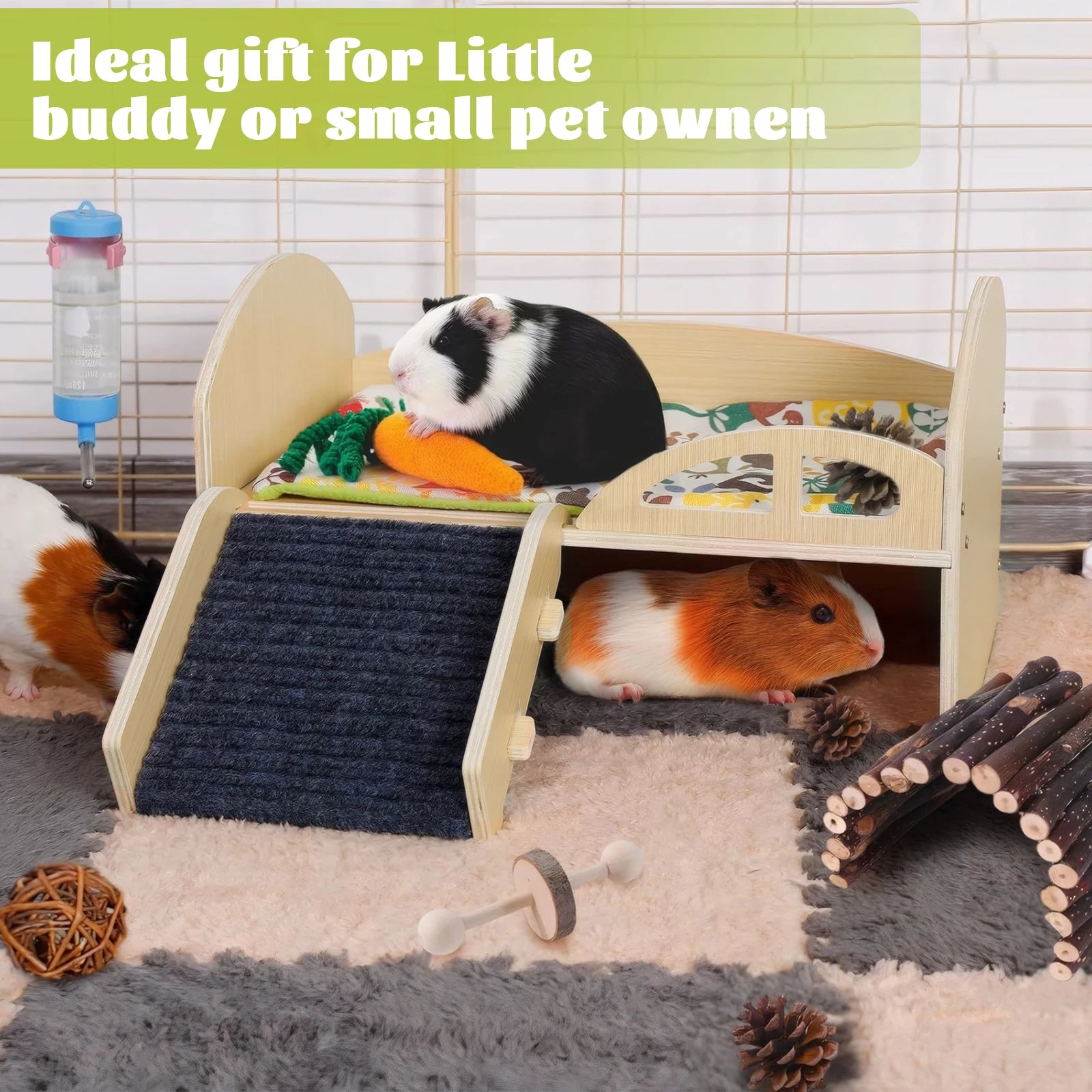 Guinea Pig, Chinchilla, Bunny Bed with Stable Stairs & Mat Wooden Small Animal Bed / Resistant Wood Pet Toy Bed