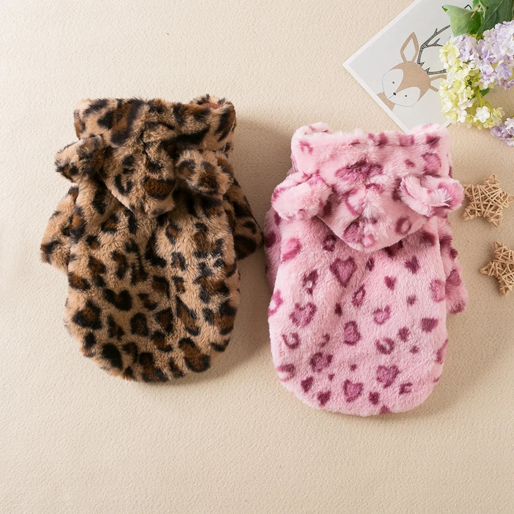 Warm Fleece Winter Leopard Dog Hoodie for Dogs, Pet Costumes, S - 2XL