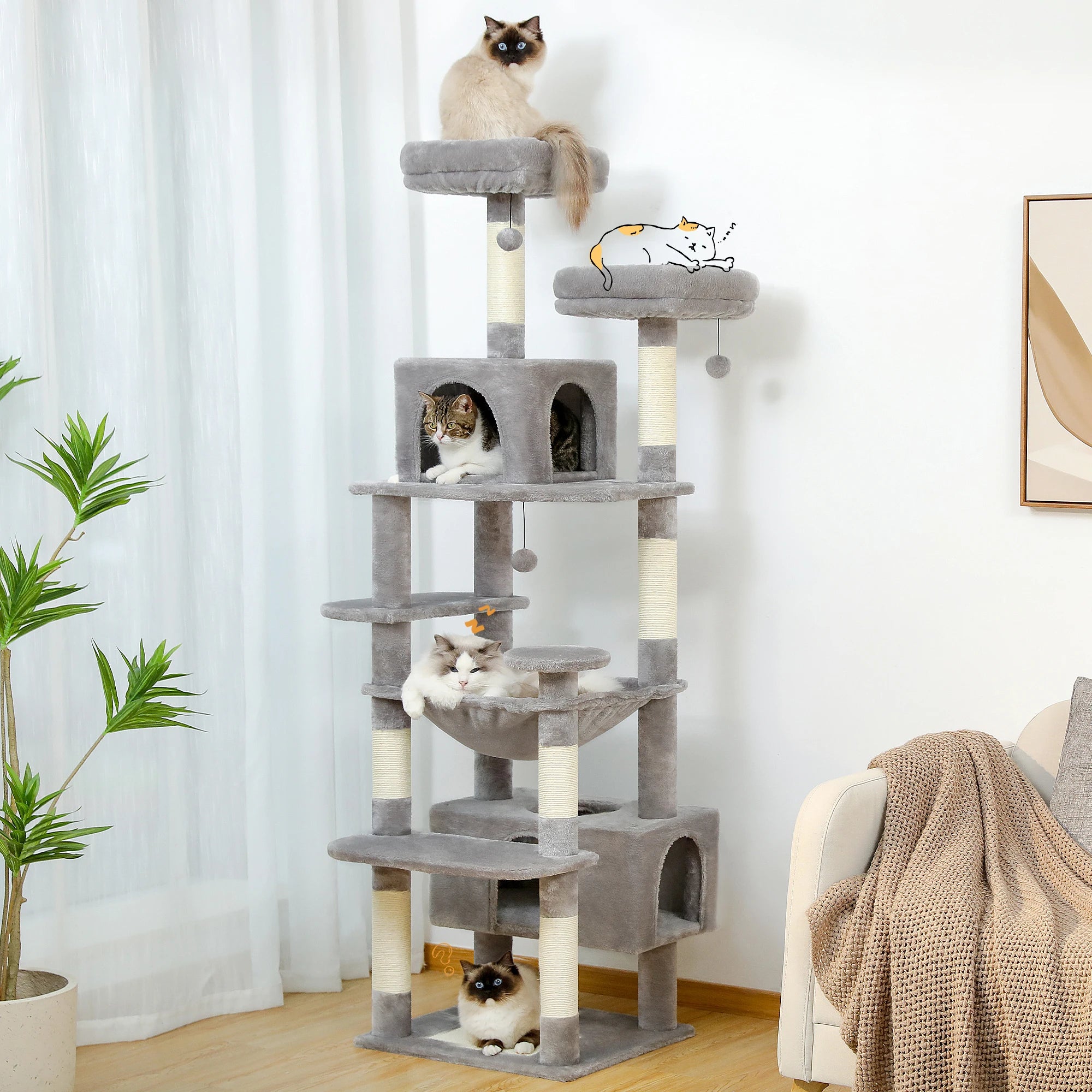 Large Cat Tree and Tower for Indoor Cats With Sisal-Covered Scratching Posts, Padded Perches and Condo