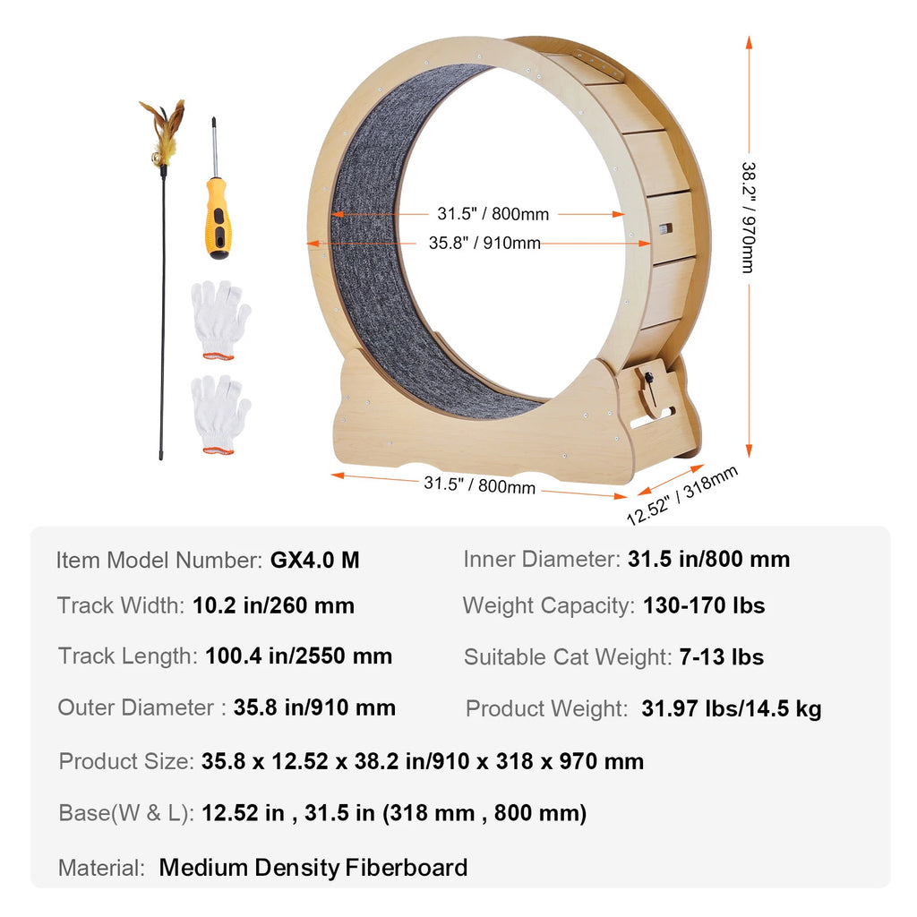 Wooden Cat Exercise Treadmill Wheel for Indoor Cat Running w/Detachable Carpet & Cat Teaser