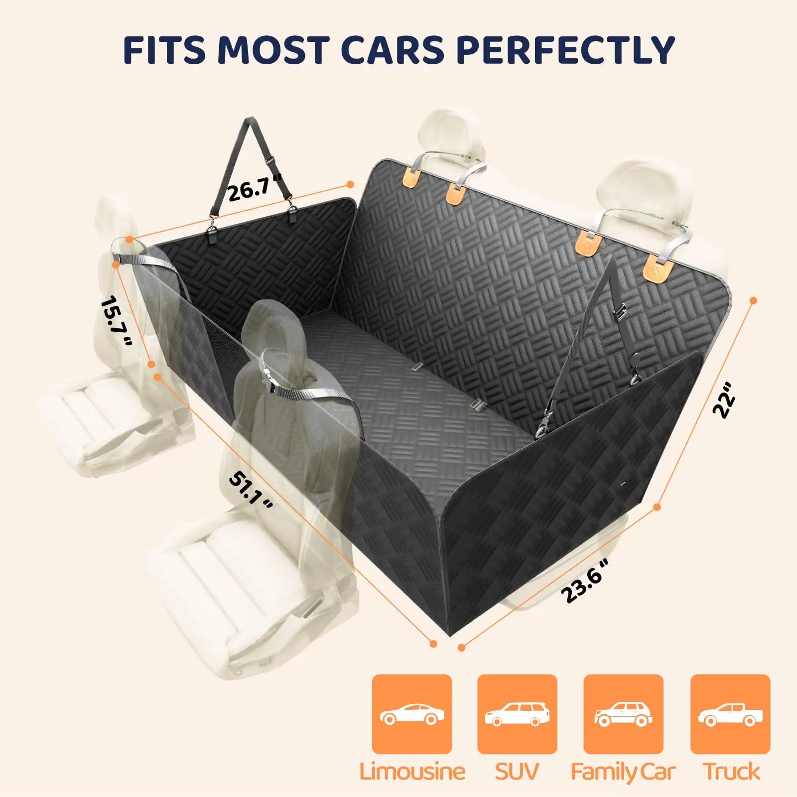600D Heavy-Duty, Anti-Scratch, Washable Car Rear Seat Cover, Hard Bottom, Load-Bearing 400 Pounds