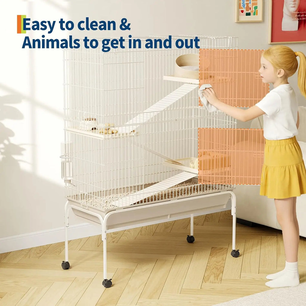 47/55 Inch Small Animal Cage with Wheels, Ramps, Platforms, Water Bottle & Food Dish