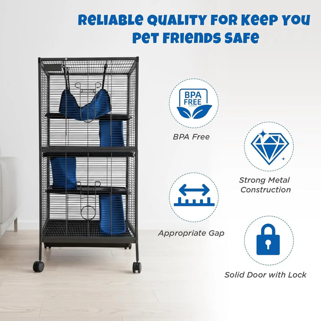 Small Heavy Duty Animal Cage, Multi-Level Habitat with Ramps & Storage Stand