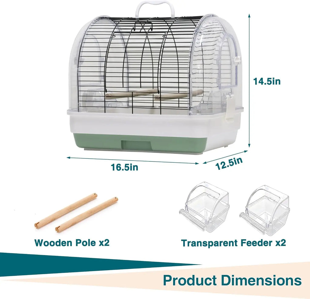 Portable Bird Carrier, Travel Cage with 2 Perches, 2 Food Bowls and Metal Tray