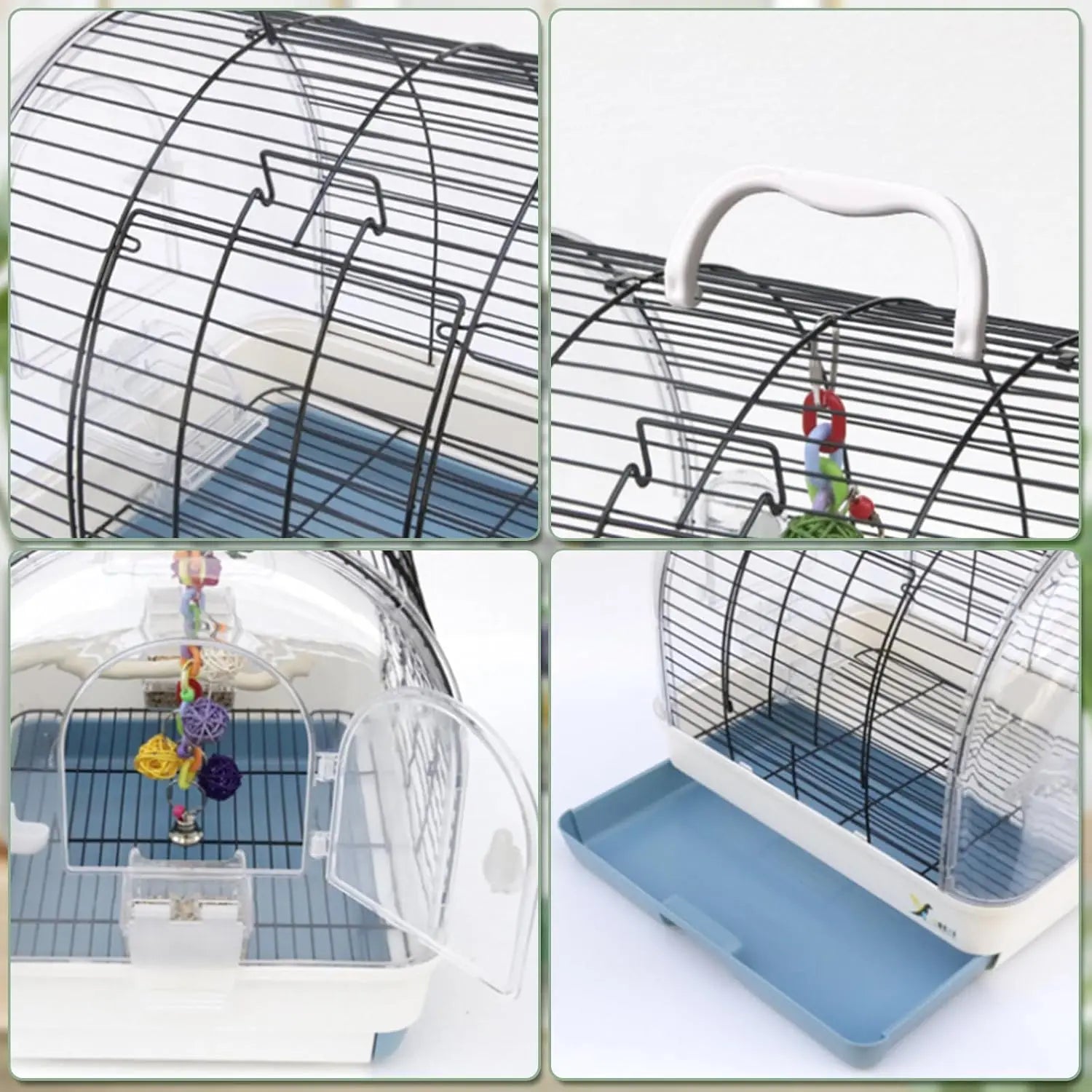 Portable Bird Carrier, Travel Cage with 2 Perches, 2 Food Bowls and Metal Tray