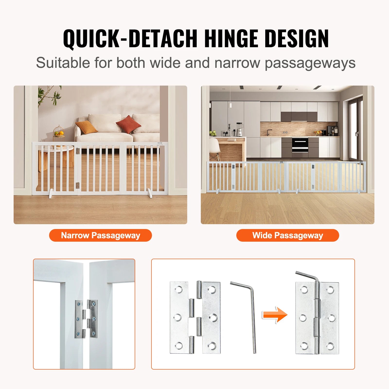 Freestanding Pet Gate, 3 Panels, Foldable Dog Gate for Narrow Passageways