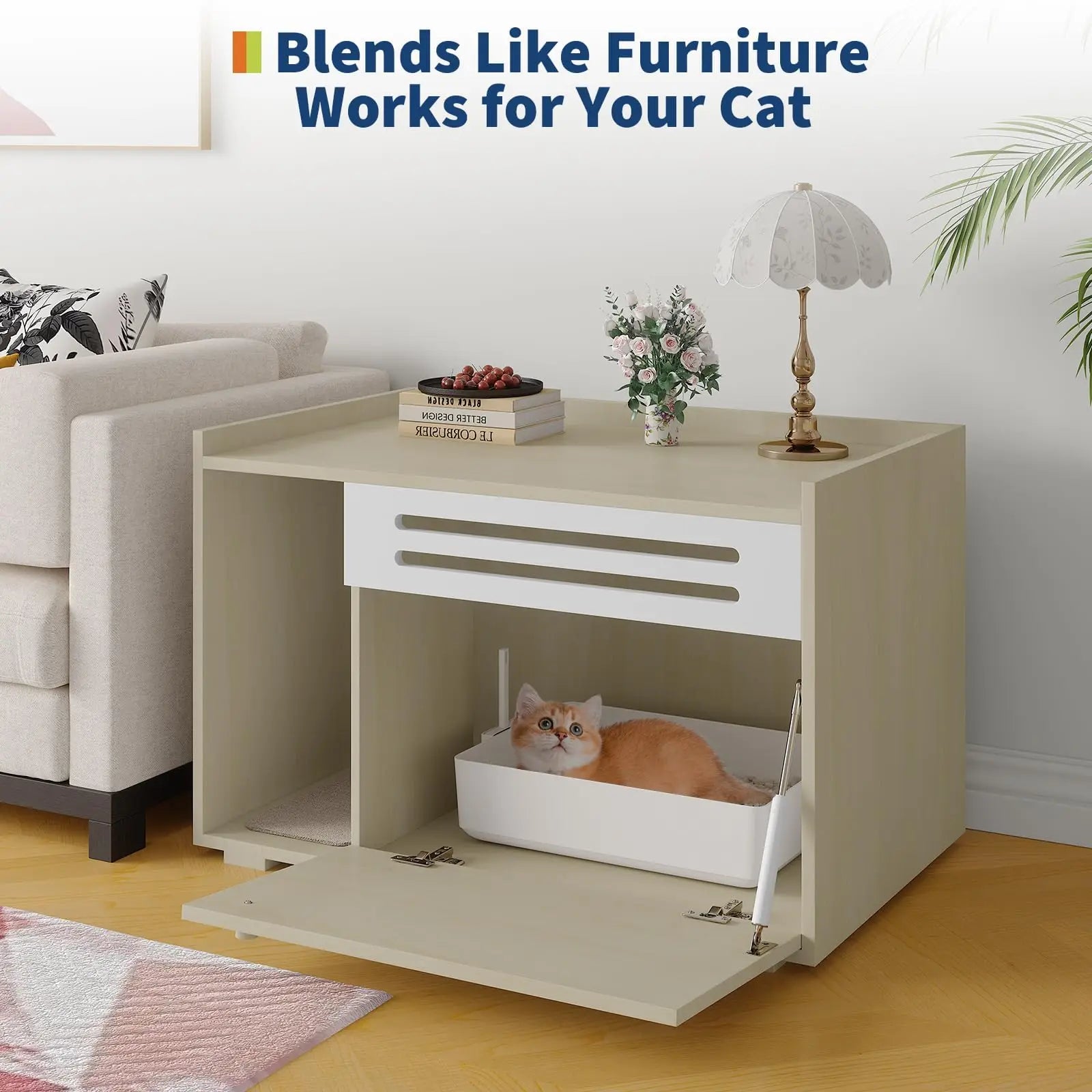 Spacious Hidden Cat Litter Box Furniture, Ventilated, Covered
