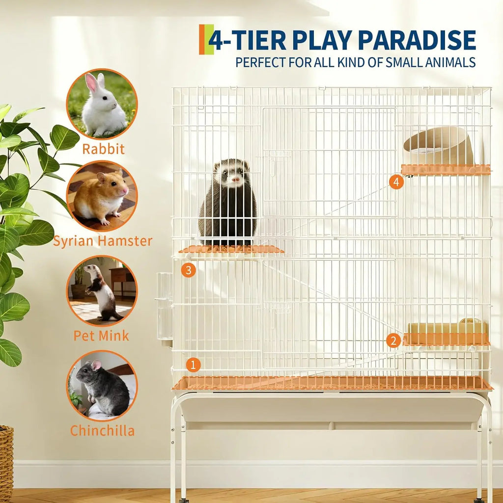 47/55 Inch Small Animal Cage with Wheels, Ramps, Platforms, Water Bottle & Food Dish