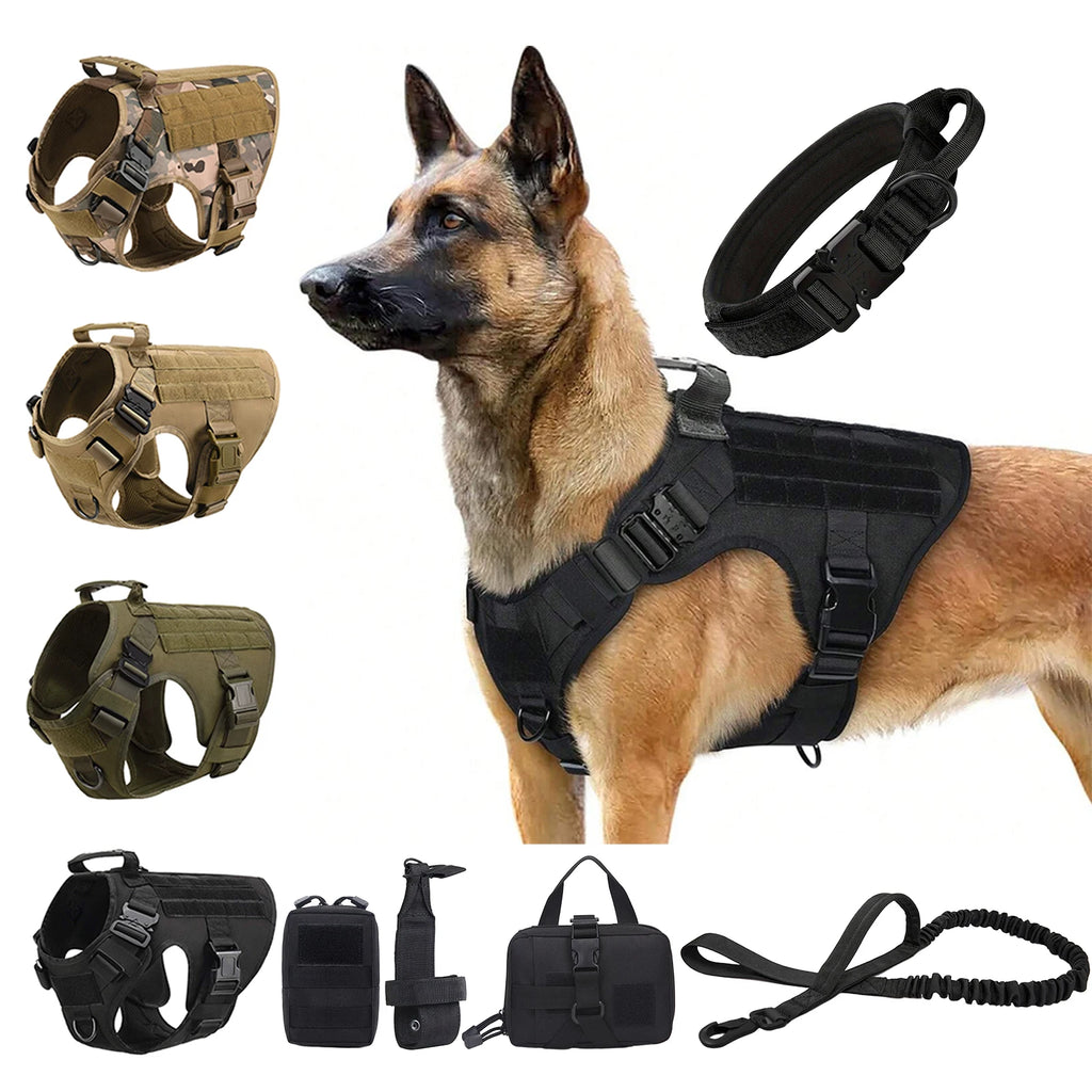 Tactical Dog Vest Harness, Collar, Leash, Molle Pouches For Medium Large Dogs