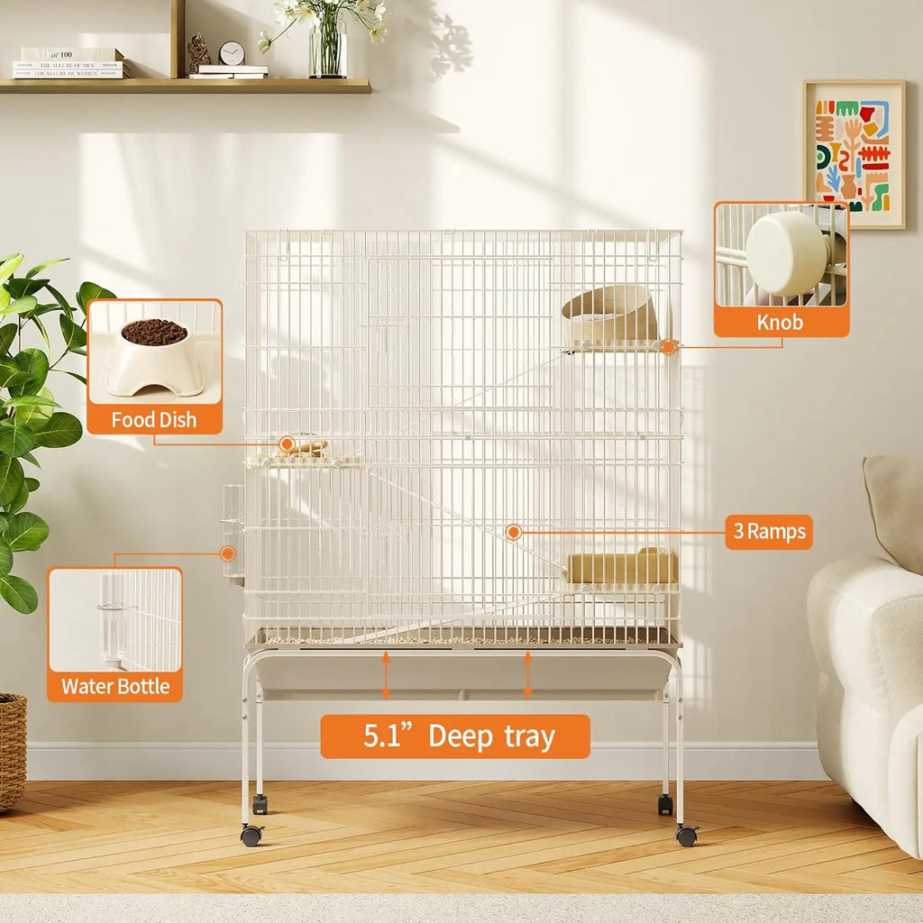 47/55 Inch Small Animal Cage with Wheels, Ramps, Platforms, Water Bottle & Food Dish