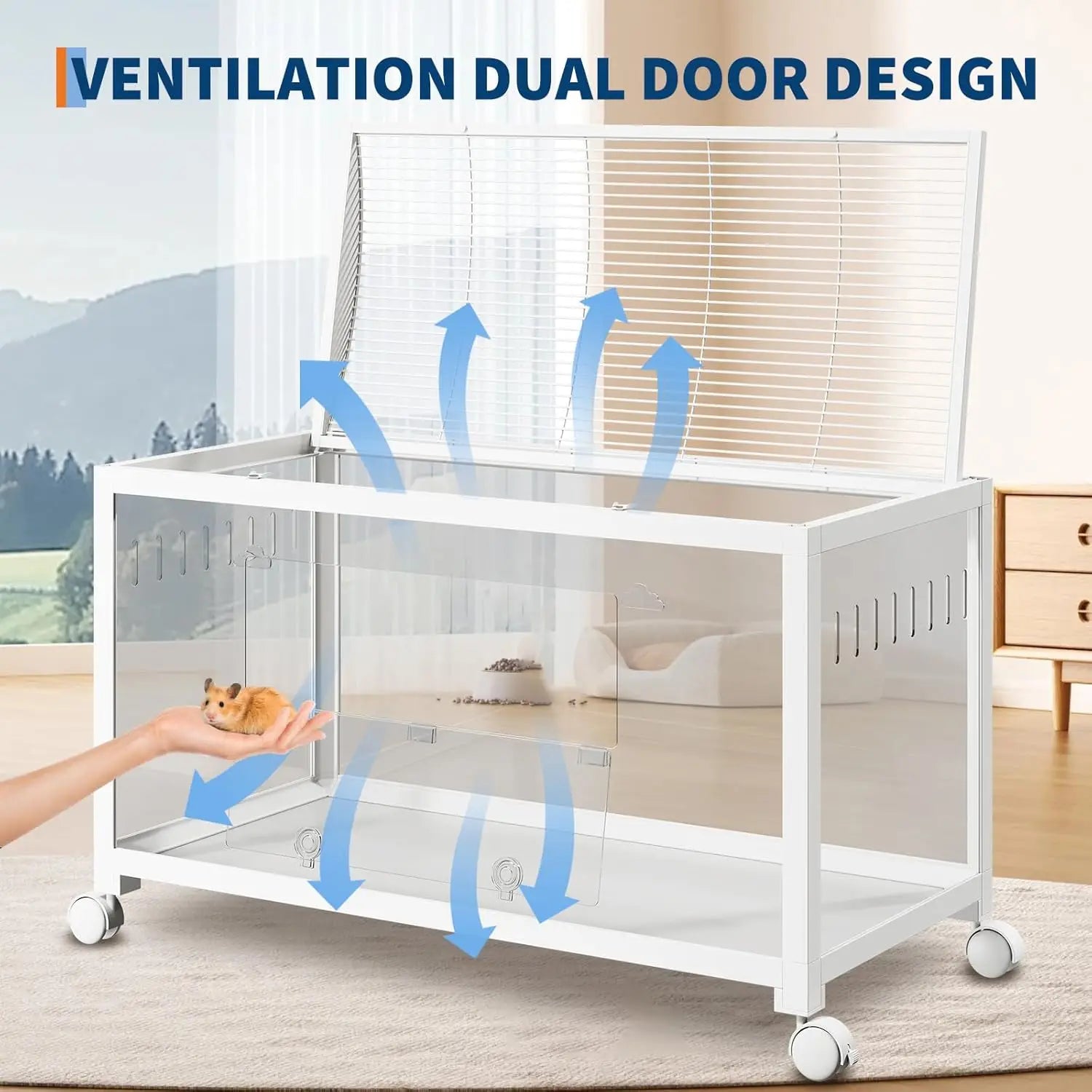 Hamster Cage with Wheels, Metal & Acrylic for Small Pets, Chew-Proof, Dual Doors, Easy Clean