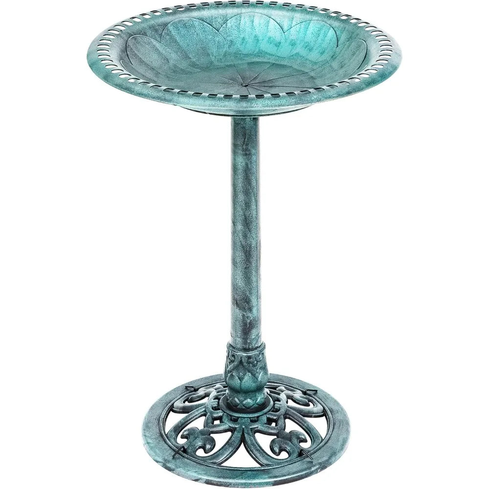 28 Inch Polyresin Antique Garden Bird Bath, Vintage Yard Art
