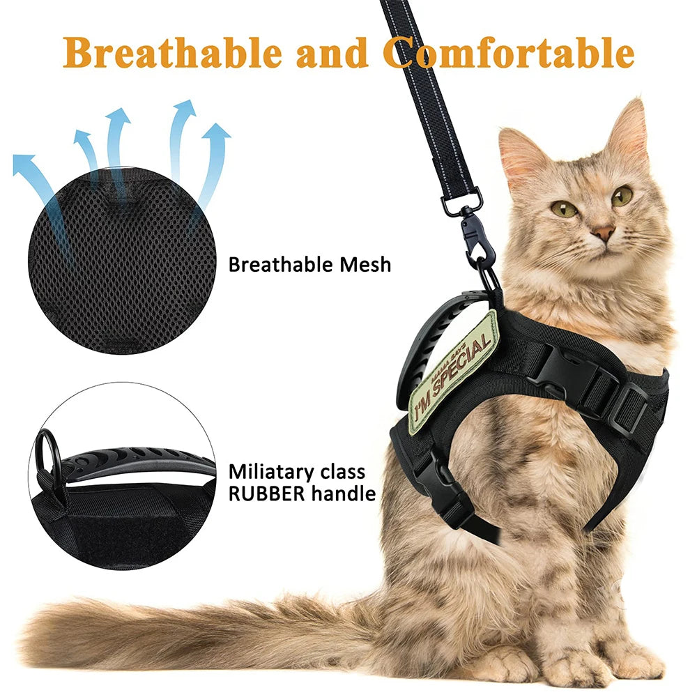 Tactical Cat Harness with Leash, Walking Escape Proof Adjustable Pet Vest with Control Handle For Cats / Dogs