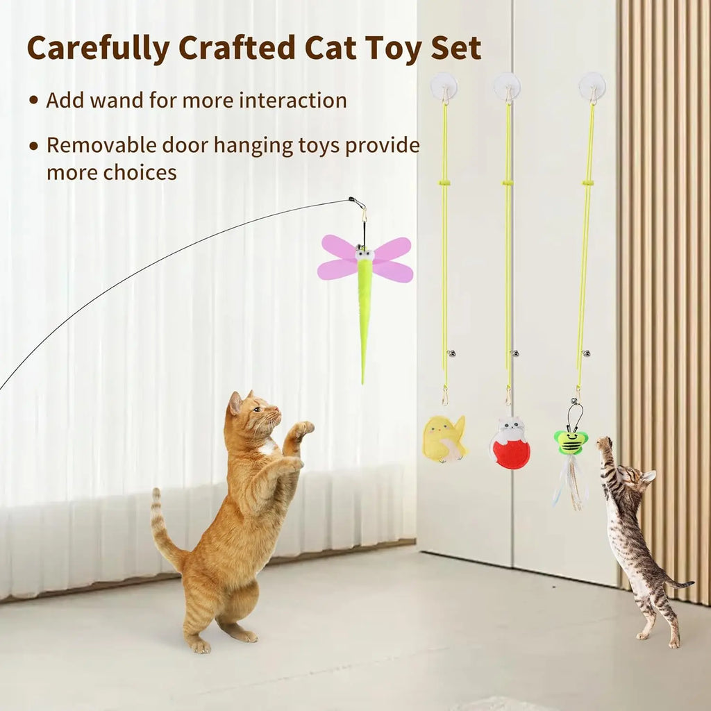 Interactive Cat Toys Set with Wand, 8 Teaser Refills & 3 Hanging Toys