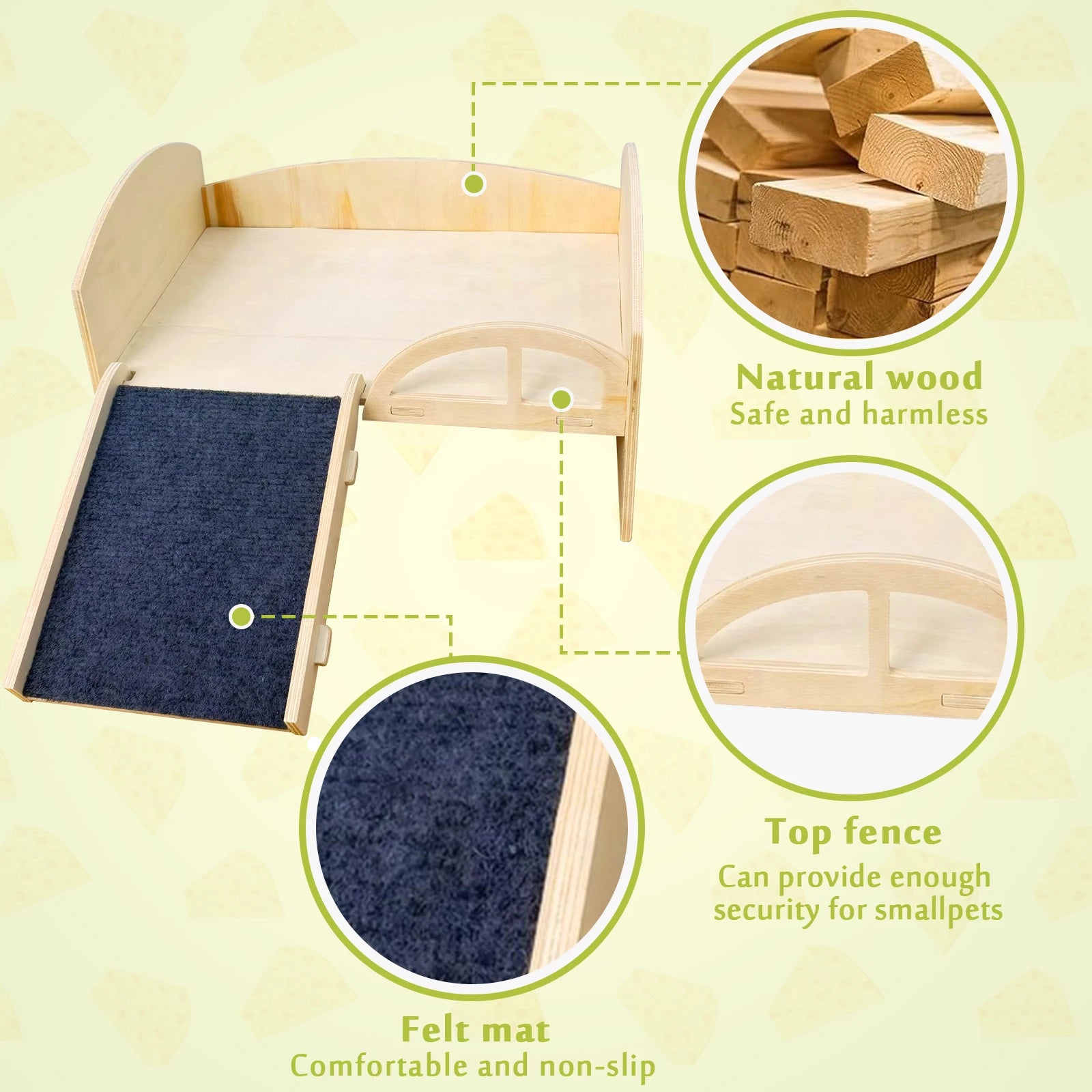 Guinea Pig, Chinchilla, Bunny Bed with Stable Stairs & Mat Wooden Small Animal Bed / Resistant Wood Pet Toy Bed