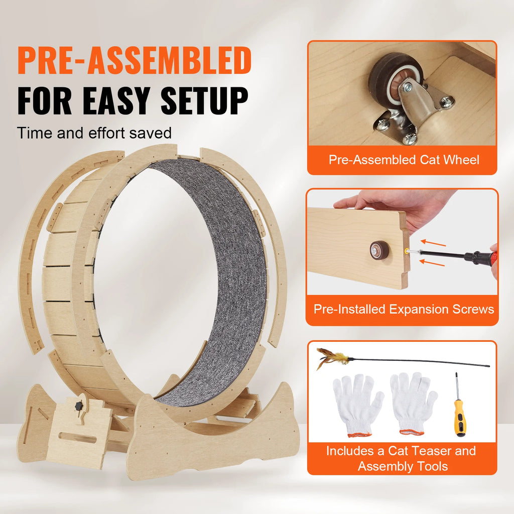 Wooden Cat Exercise Treadmill Wheel for Indoor Cat Running w/Detachable Carpet & Cat Teaser