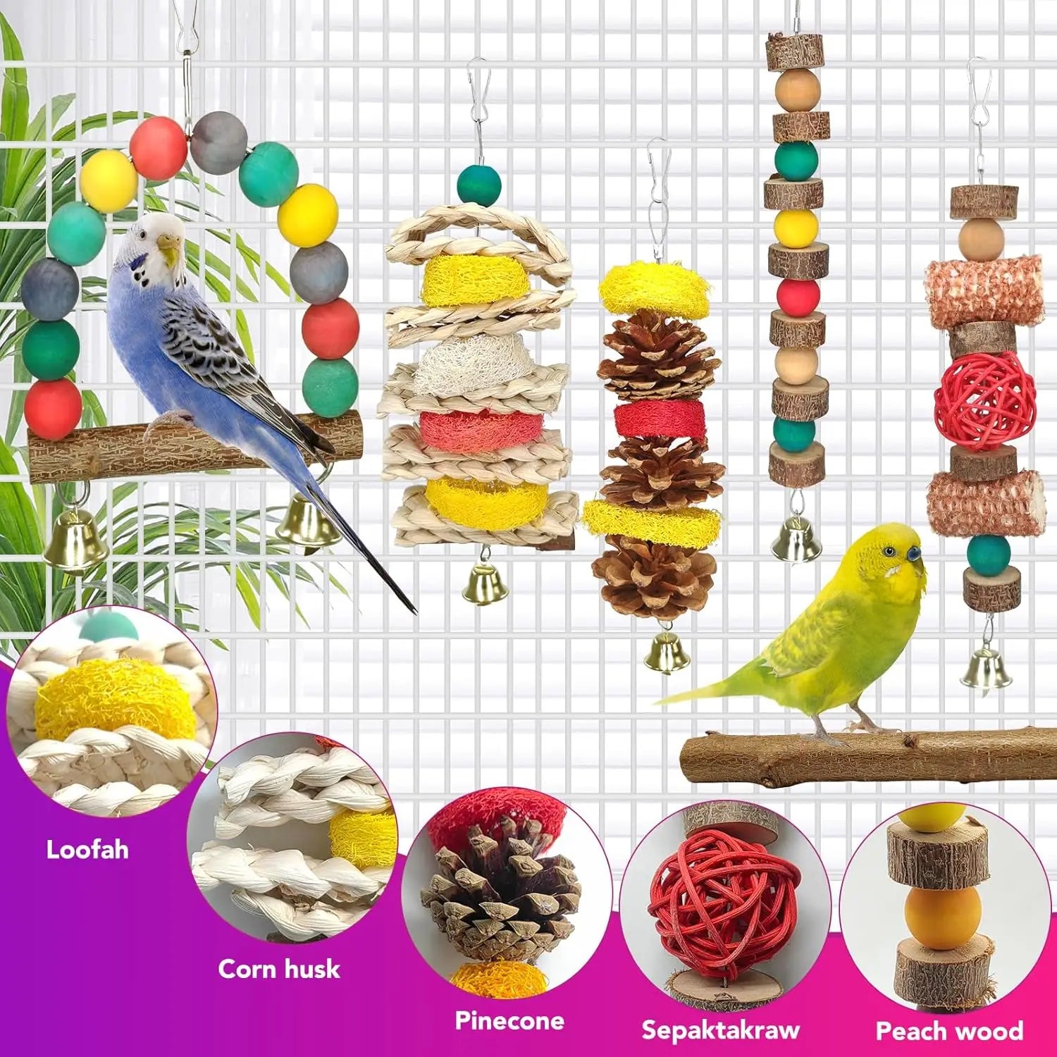 7 Pcs Natural Wood Bird Toy & Perch Accessroy for Parakeets, Cockatiel, Lovebird, and All Small/Medium Birds