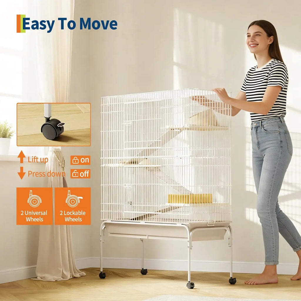 47/55 Inch Small Animal Cage with Wheels, Ramps, Platforms, Water Bottle & Food Dish