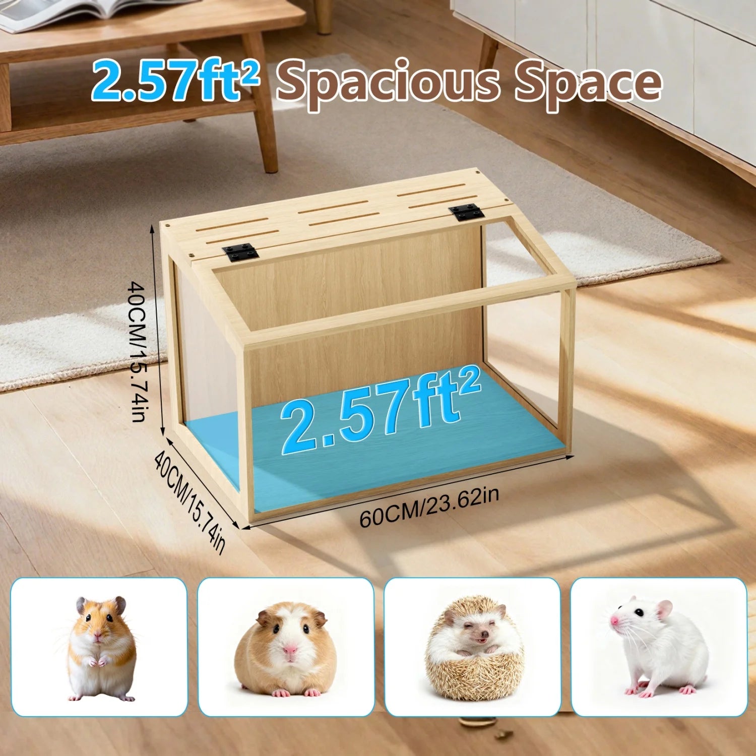 60/80CM Large Natural Wooden Cage w/Built-in LED Light for Small Pets