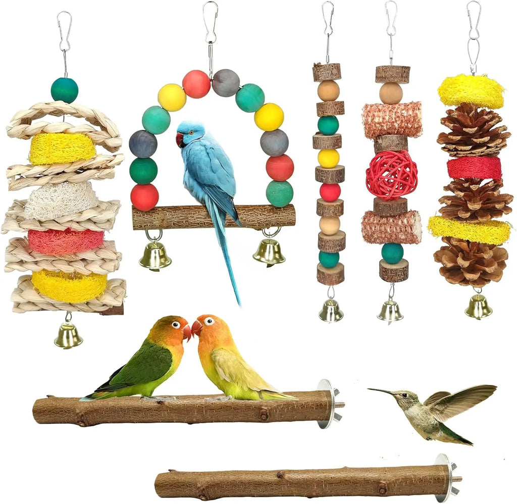 7 Pcs Natural Wood Bird Toy & Perch Accessroy for Parakeets, Cockatiel, Lovebird, and All Small/Medium Birds