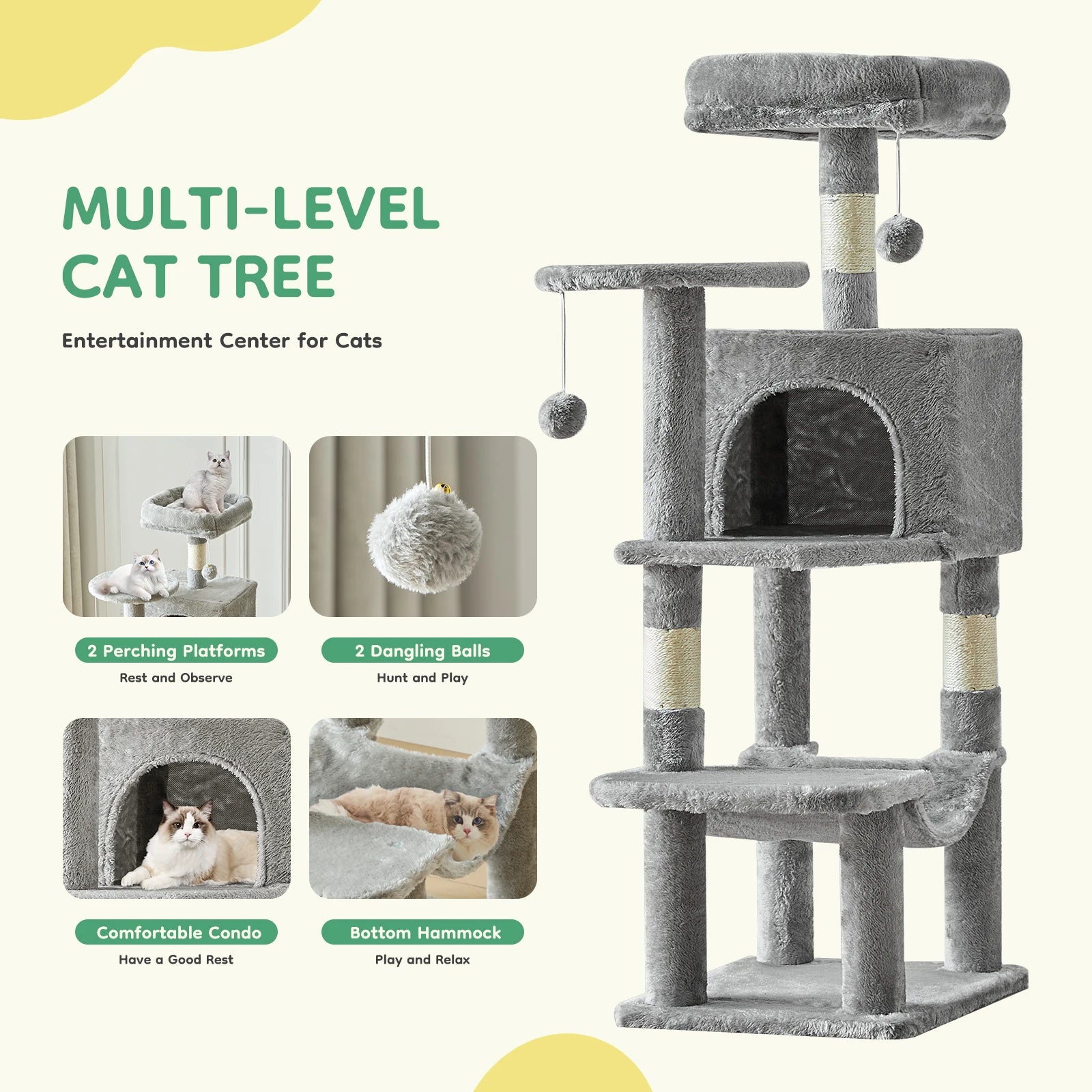 44 In. Tall Multi-Cat Climbing Tower Furniture, Scratching Posts, Stable