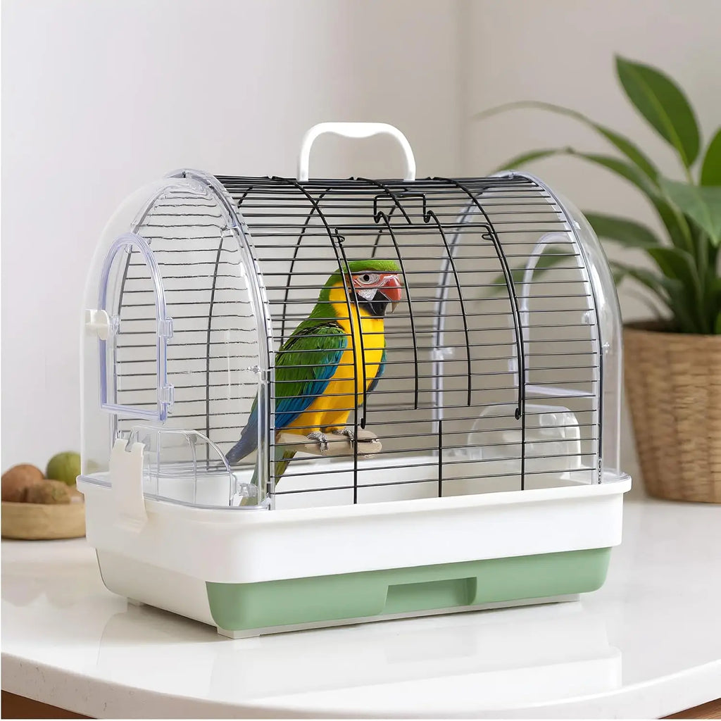 Portable Bird Carrier, Travel Cage with 2 Perches, 2 Food Bowls and Metal Tray