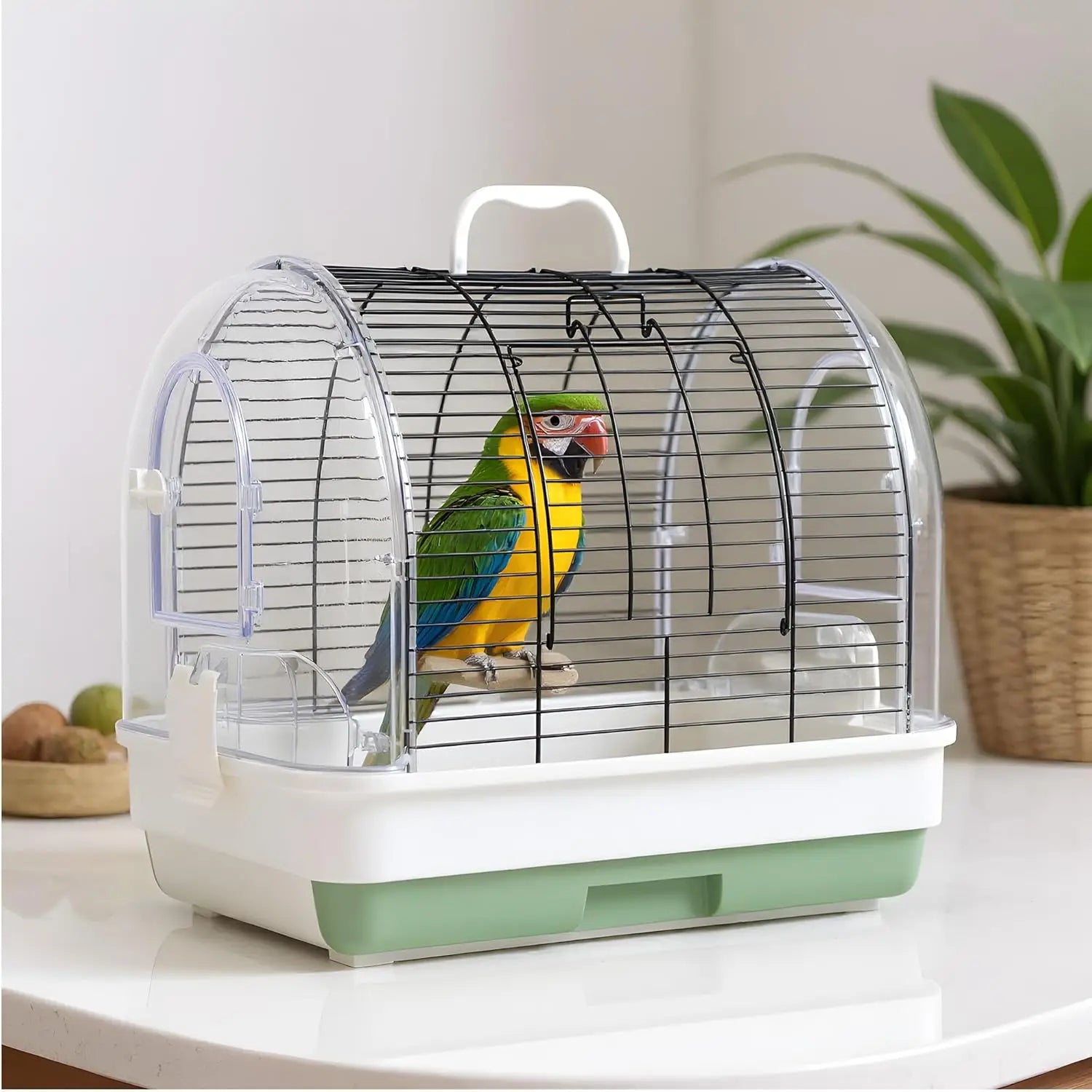 Portable Bird Carrier, Travel Cage with 2 Perches, 2 Food Bowls and Metal Tray
