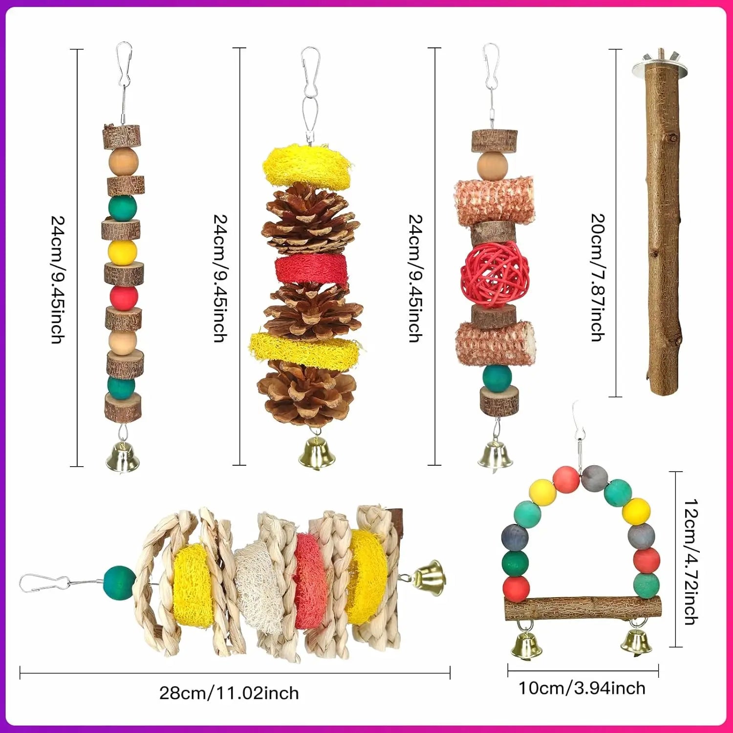 7 Pcs Natural Wood Bird Toy & Perch Accessroy for Parakeets, Cockatiel, Lovebird, and All Small/Medium Birds