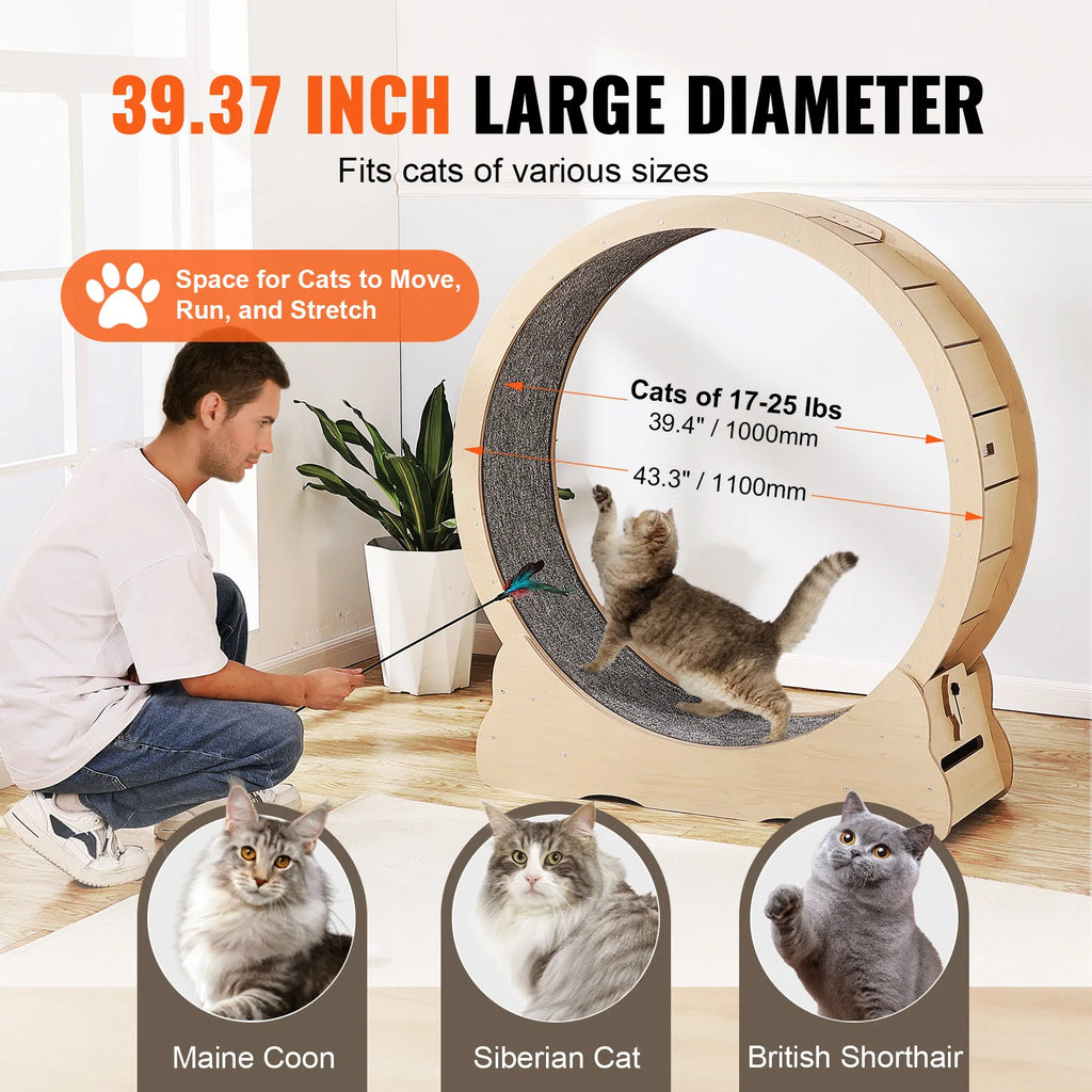 Wooden Cat Exercise Treadmill Wheel for Indoor Cat Running w/Detachable Carpet & Cat Teaser