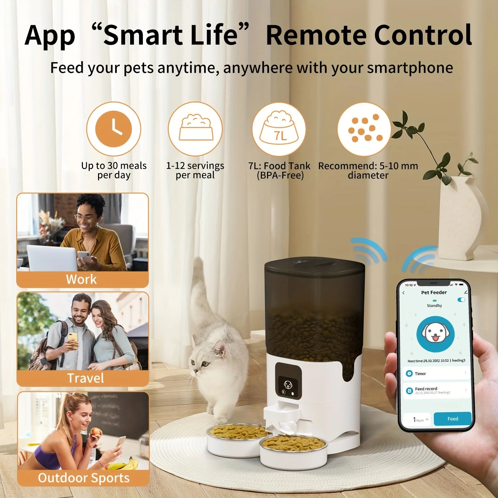 Double Bowl Smart Automatic Cat or Dog Food Dispenser, w/Wifi Timer Dosing, 7L large Capacity