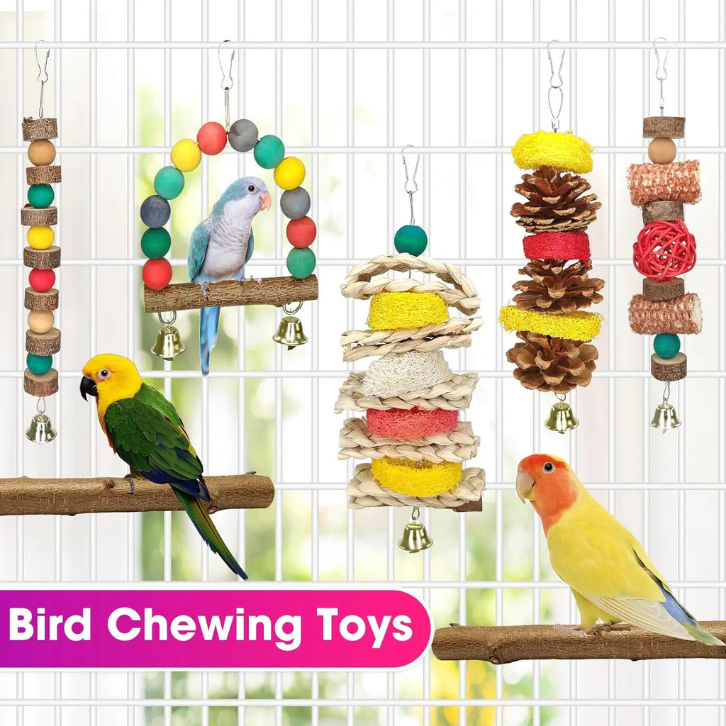 7 Pcs Natural Wood Bird Toy & Perch Accessroy for Parakeets, Cockatiel, Lovebird, and All Small/Medium Birds