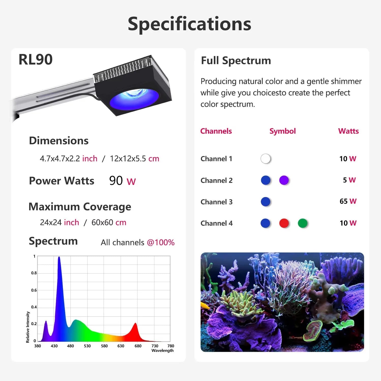 RL90 WiFi Reef Aquarium Light 100W, Professional Full Spectrum Coral SPS/LPS Fish Tank LED