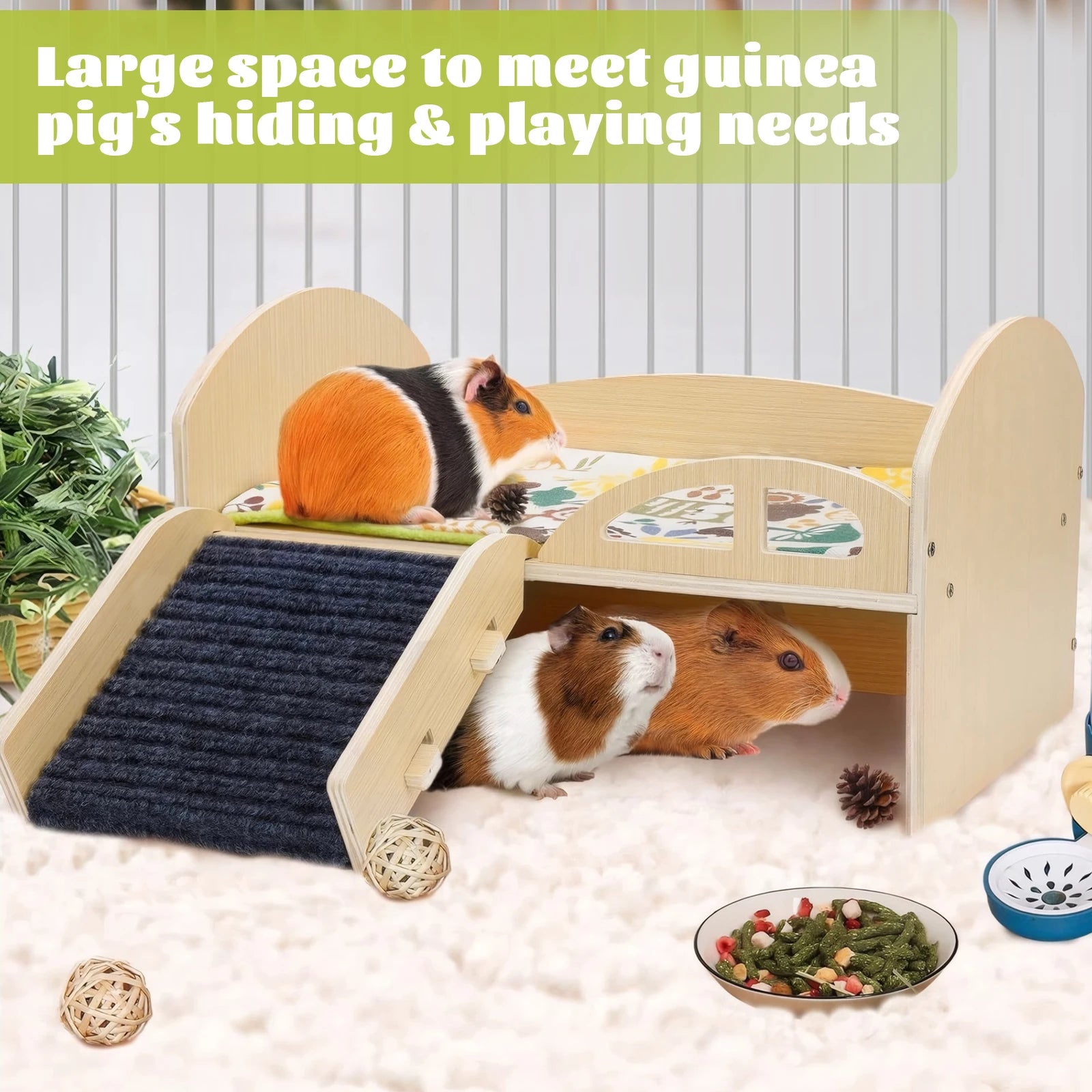 Guinea Pig, Chinchilla, Bunny Bed with Stable Stairs & Mat Wooden Small Animal Bed / Resistant Wood Pet Toy Bed