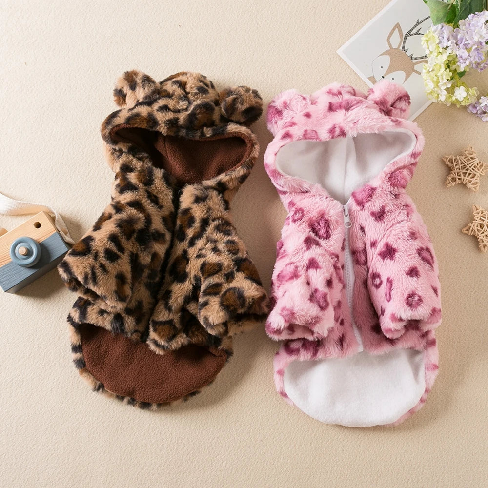 Warm Fleece Winter Dog Clothes, Hoodie/Leopard French Bulldog Clothes for Small, Medium Dogs / Pet Costumes