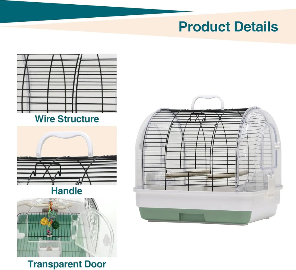 Portable Bird Carrier, Travel Cage with 2 Perches, 2 Food Bowls and Metal Tray