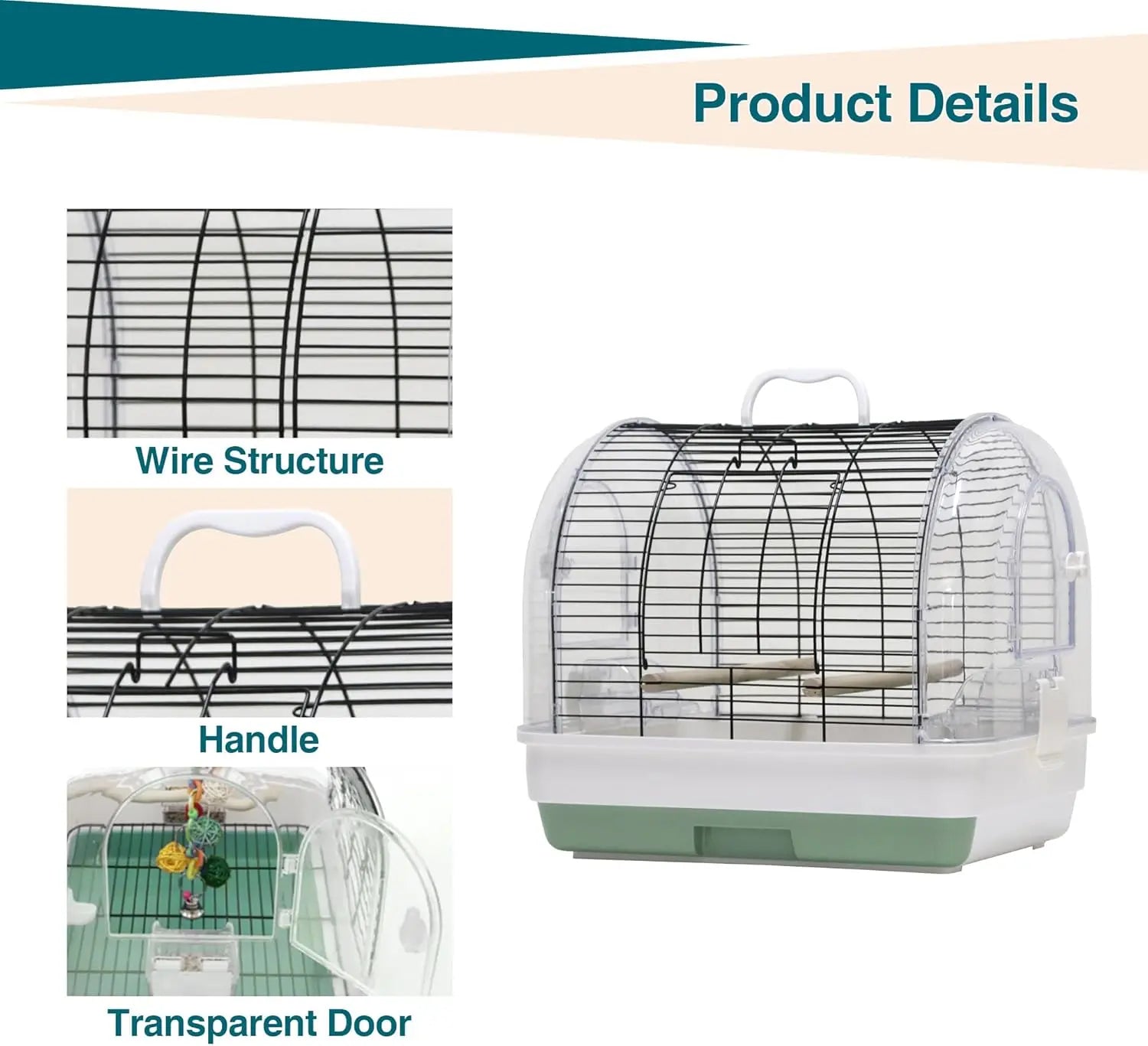 Portable Bird Carrier, Travel Cage with 2 Perches, 2 Food Bowls and Metal Tray