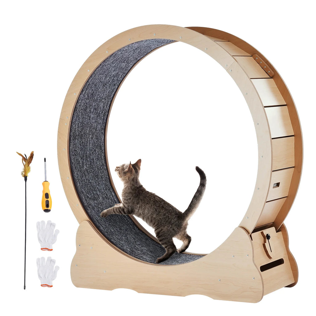 Wooden Cat Exercise Treadmill Wheel for Indoor Cat Running w/Detachable Carpet & Cat Teaser