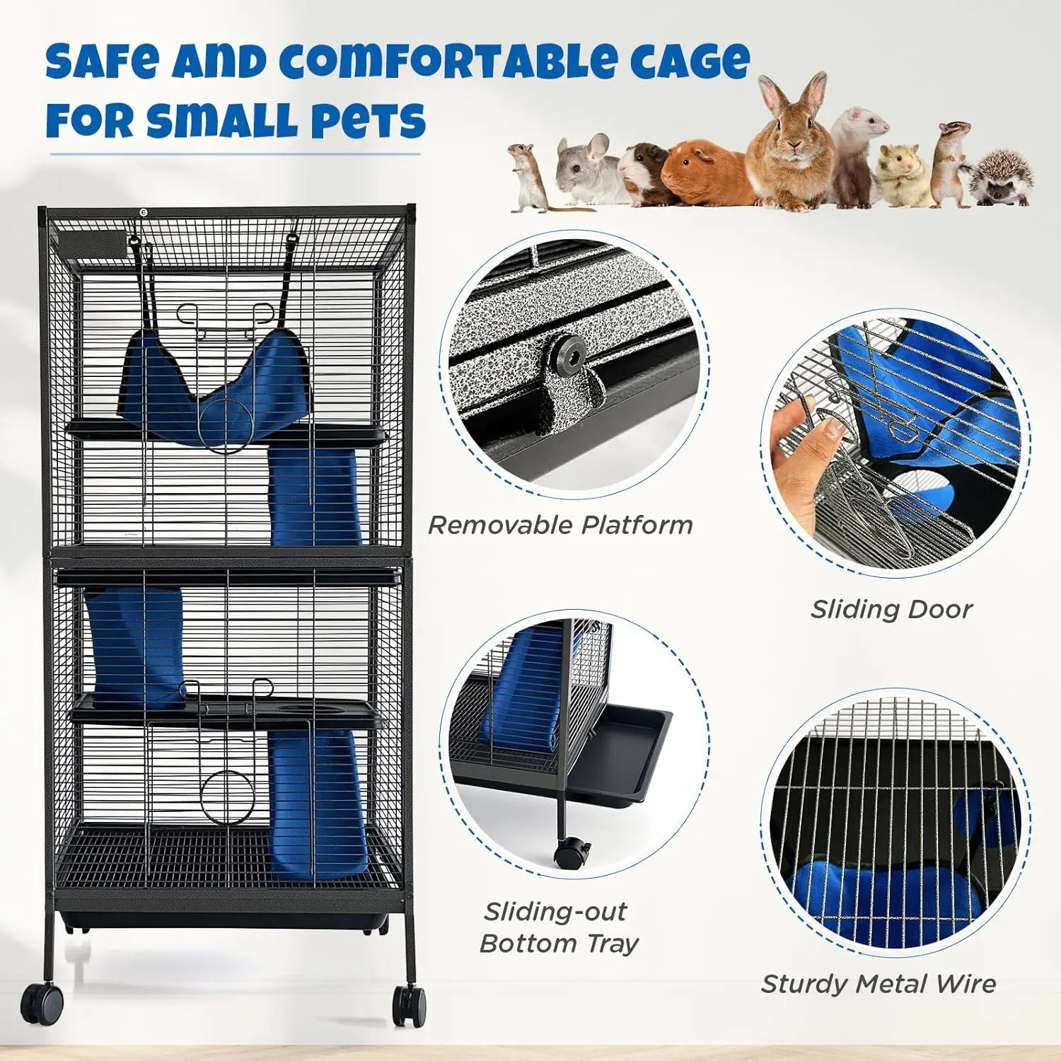 Small Heavy Duty Animal Cage, Multi-Level Habitat with Ramps & Storage Stand