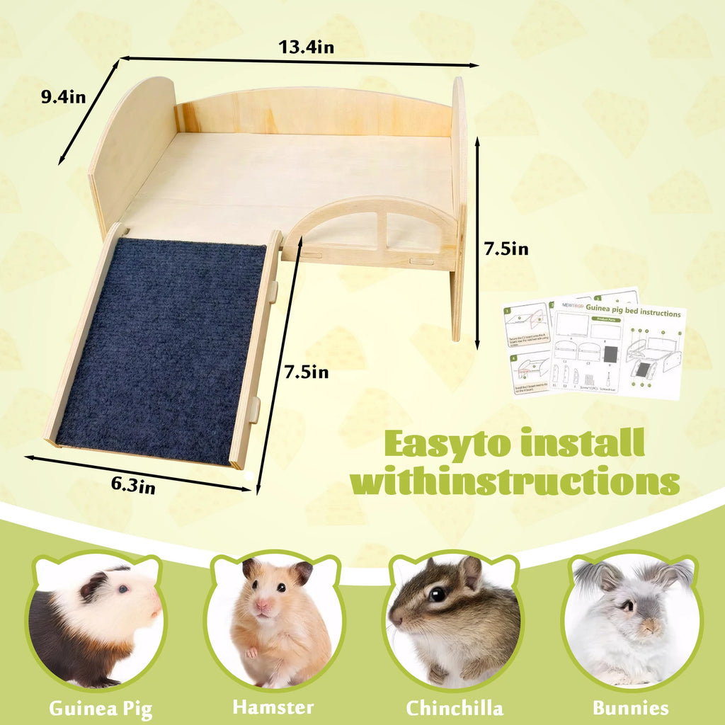 Guinea Pig, Chinchilla, Bunny Bed with Stable Stairs & Mat Wooden Small Animal Bed / Resistant Wood Pet Toy Bed