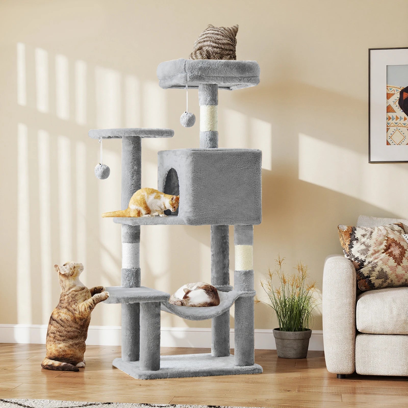 44 In. Tall Multi-Cat Climbing Tower Furniture, Scratching Posts, Stable