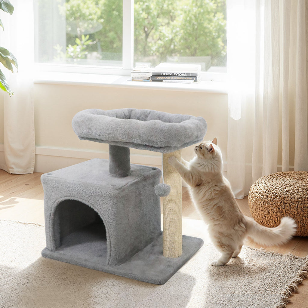 Small Cat Tree with Large Padded Plush Perch for Indoor Cats