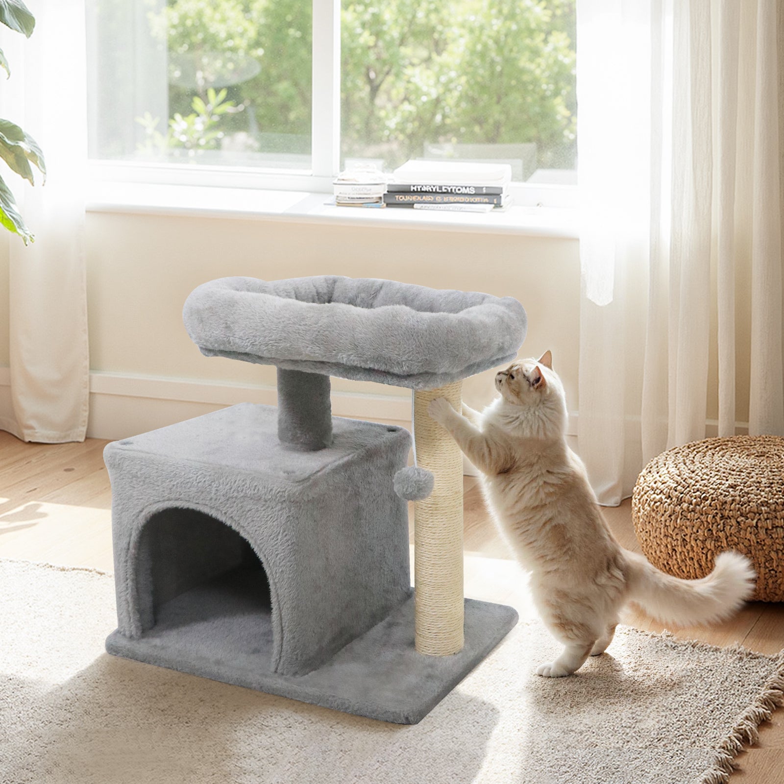 Small Cat Tree with Large Padded Plush Perch for Indoor Cats