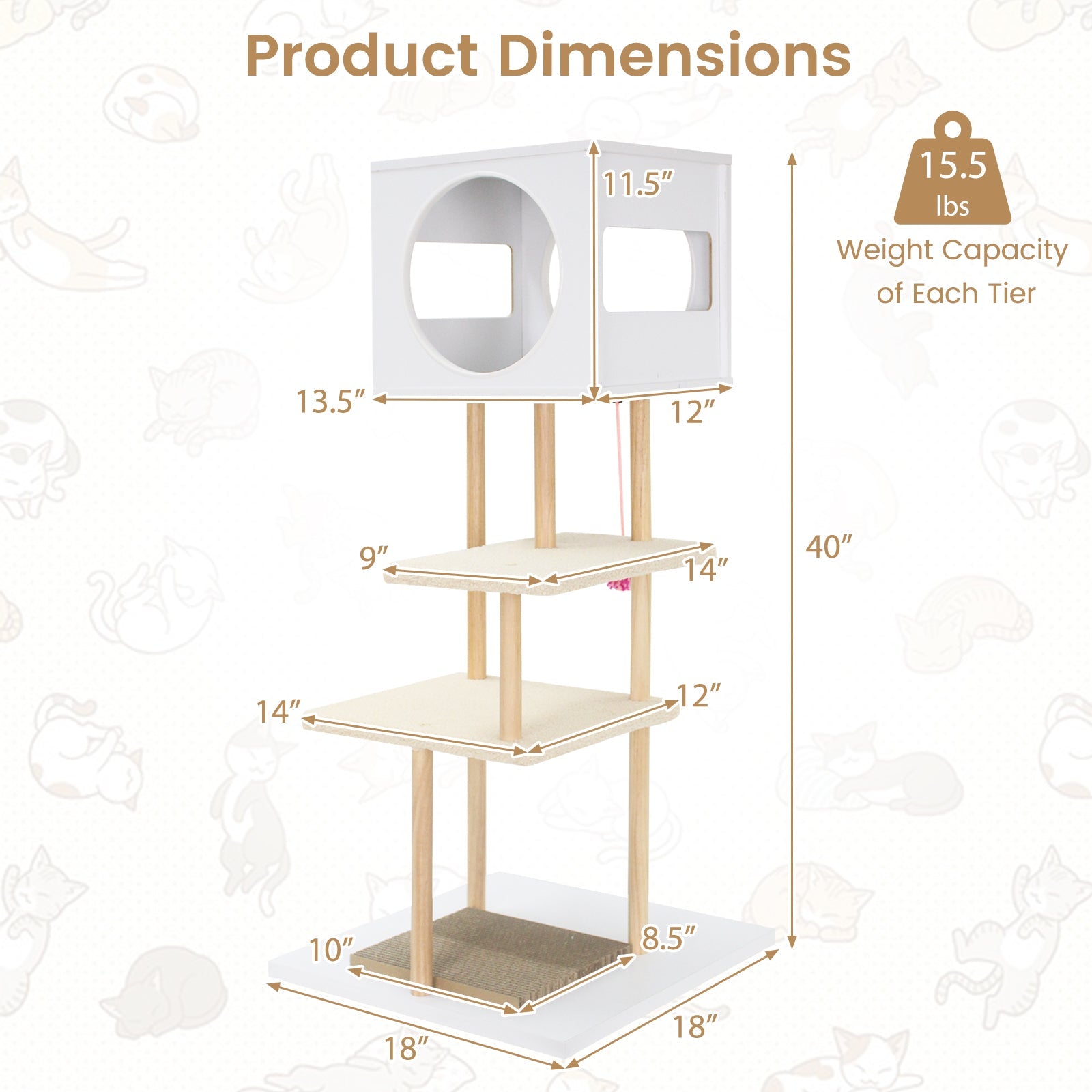 Tall Wood Cat Tower with 2 Corrugated Cardboard-White