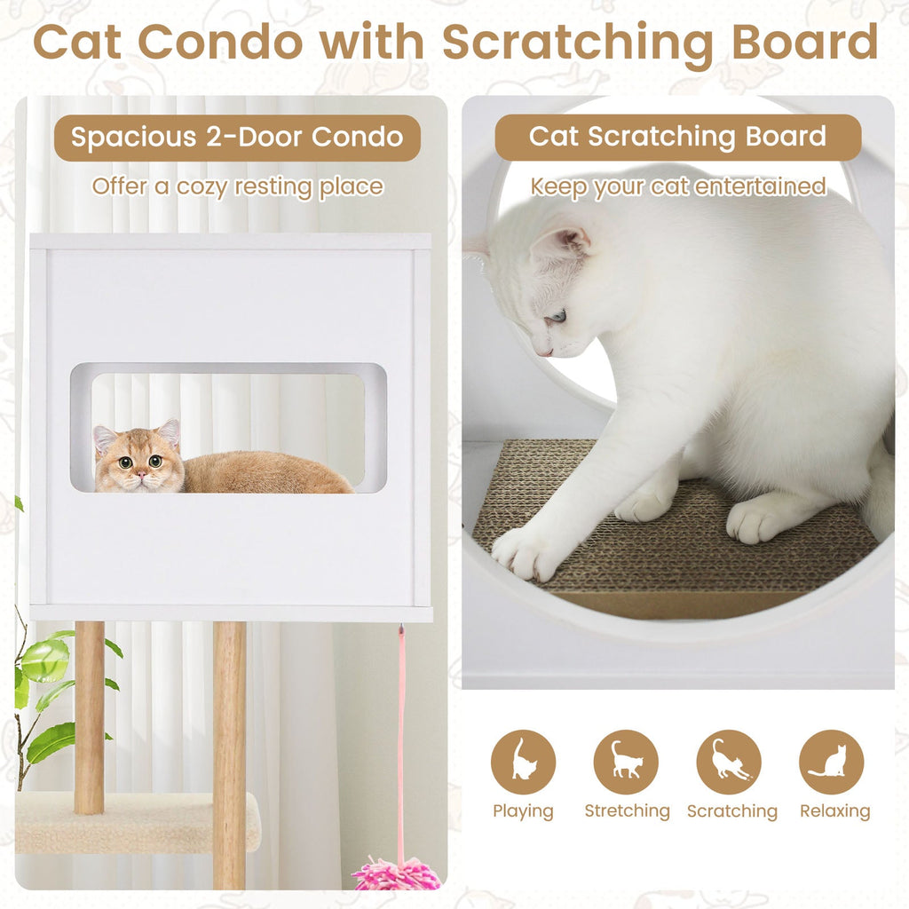 Tall Wood Cat Tower with 2 Corrugated Cardboard-White