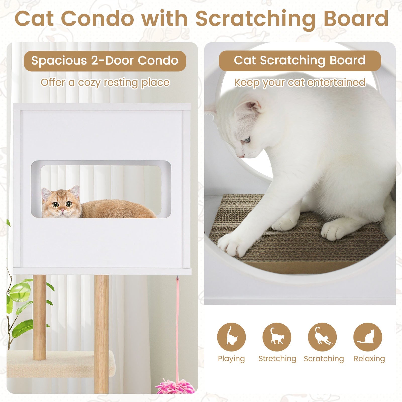 Tall Wood Cat Tower with 2 Corrugated Cardboard-White