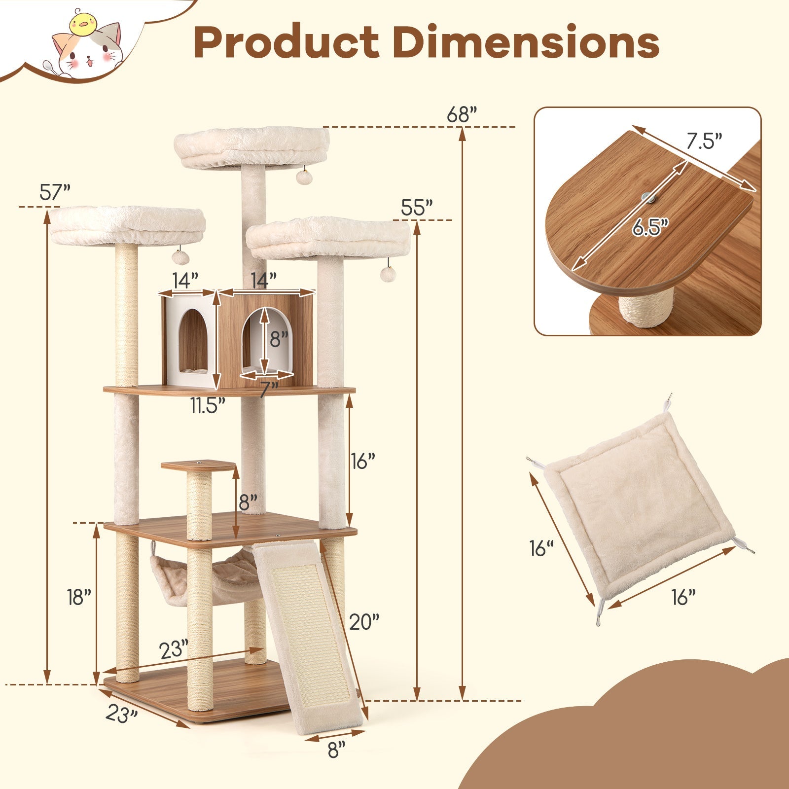 68 Inch Tall Cat Tree with 3 Padded Perches Condo and Sisal Scratching Posts-Natural