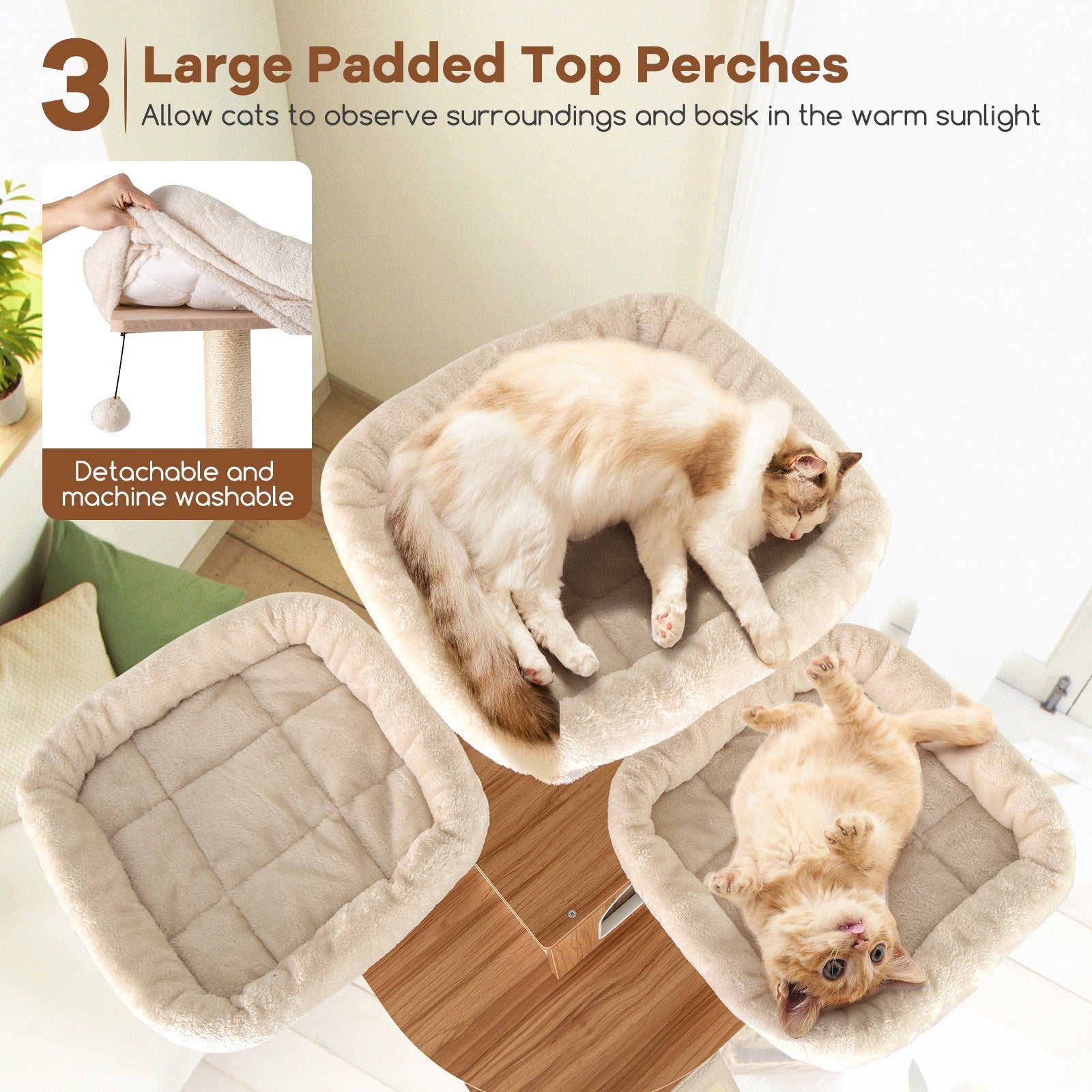 68 Inch Tall Cat Tree with 3 Padded Perches Condo and Sisal Scratching Posts-Natural